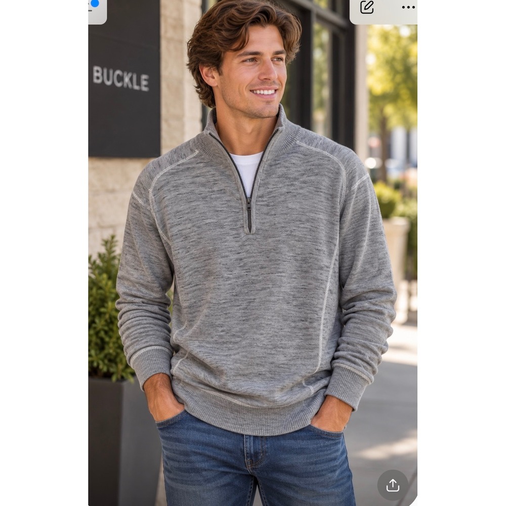 Buckle Black Men's Gray Quarter Zip Pullover Sweater Contrast Stitch Large